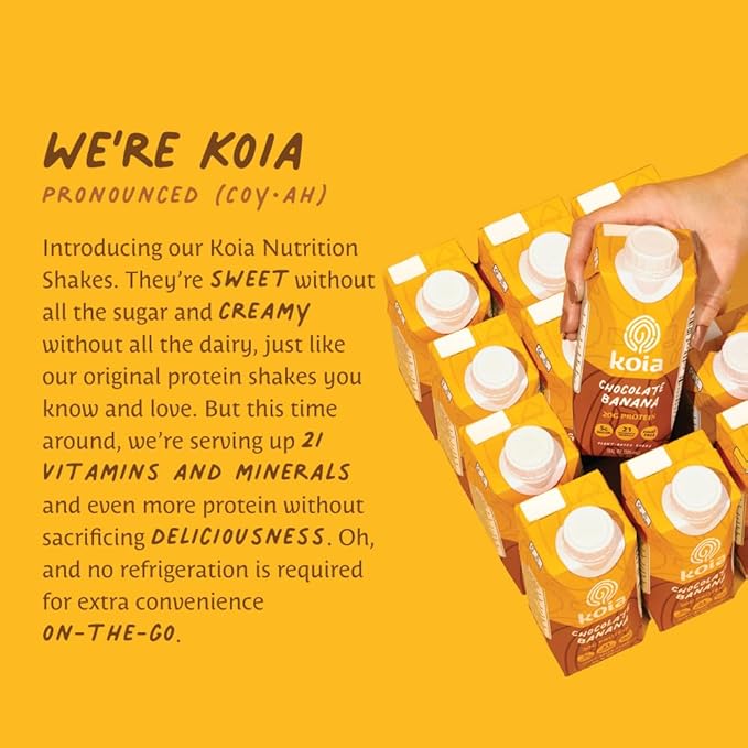 Koia Plant Based Protein Shake, Chocolate Banana, 20g Protein, 5g Sugar, 6g Prebiotic Fiber, 21 Vitamins & Minerals, Meal Replacement Drinks, Dairy-Free, Gluten-Free, Non-GMO, 11 Fl Oz (Pack of 12)