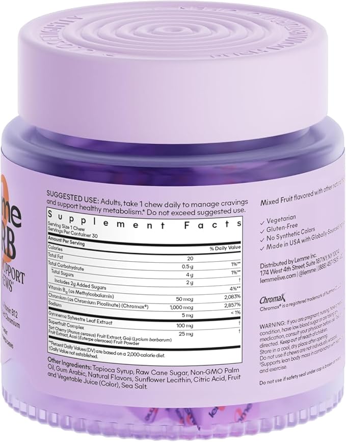 Lemme Curb Cravings Soft Chews - Manage Appetite, Support Metabolism & Lean Body w/Clinically Studied Chromium, Gymnema & B12 for Healthy Weight Management, Mixed Berry