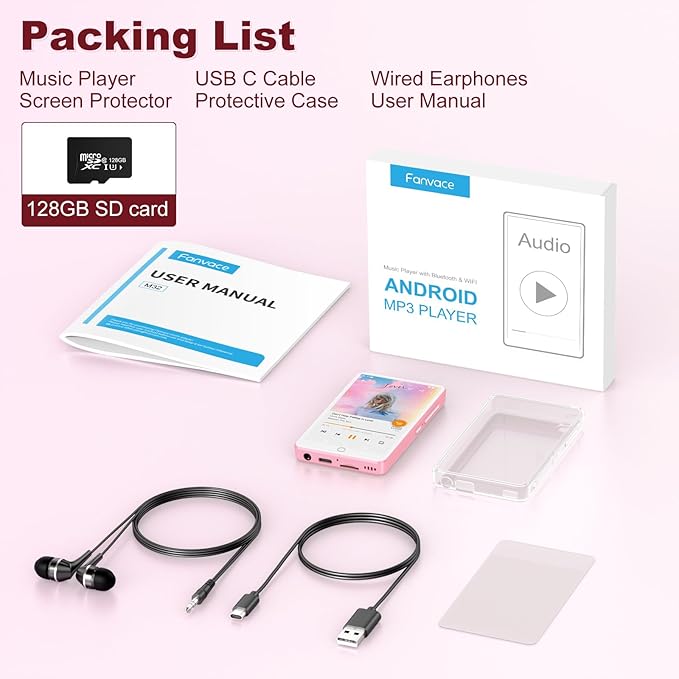 144GB MP3 Player with Bluetooth WiFi, Android 13 OS MP3 MP4 Player with 4" Touchscreen and Speaker, MP3 Music Players with Spotify, Audible, Amazon Music, Play Store (Pink)