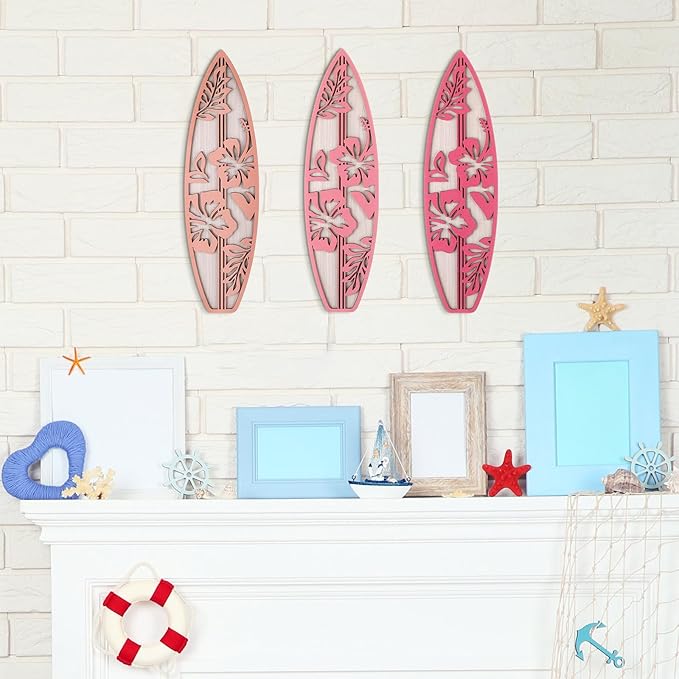 3 Pieces Hibiscus Surfboard Decor for Bedroom Wooden Beach Wall Decor Summer Wood Surfboard Wall Hanging Sign for Tropical Living Room Decoration(Pink)