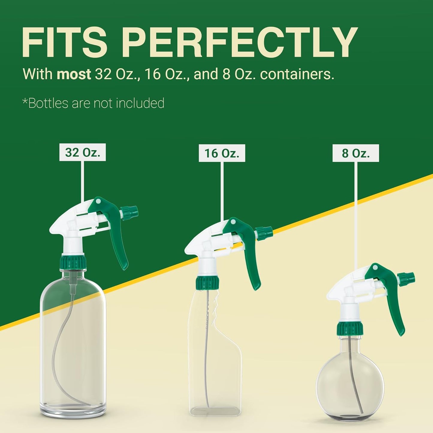 Spray Bottle Nozzle Replacement, Bottle Tops Only - Sprayer Nozzle Triggers for Heavy Duty, Commercial, Home Cleaning Solutions - Fits 8,16,24,32 oz Plastic & Glass Bottles, Green 3 pack