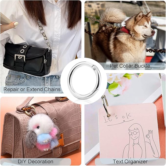 10Pack 1 Inch Metal Spring O Rings Clip Keychain, Round Carabiner Clips Keyrings Snap Hook Buckle, Purse Shoulder Bag Chain Rings Clip Replacement Paracord Keychain Lanyard Leather DIY Crafts (Silver)