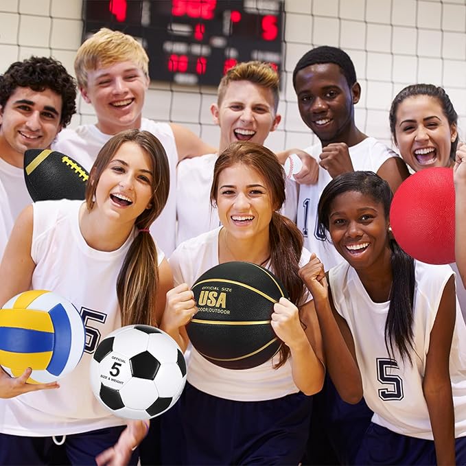 Leyndo 18 Pcs Sport Balls Bulk Set Basketball Football Volleyball Soccer Playground Baseball with Sport Equipment Bag Pump for Youth Adults Outdoor Indoor Practice Gift Back to School