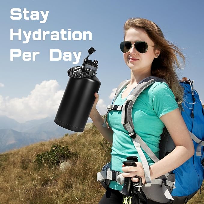 1 Gallon Water Bottle Insulated, Leak Proof 128 oz Stainless Steel Water Jug with Straw/Spout 2-in-1 Lid, Sleeve, Paracord Handle, Silicone Boot, One Gal Metal Canteen for Gym Sports Camping