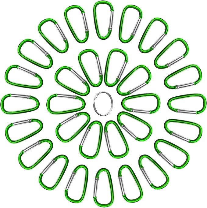 30PCS Aluminum Carabiner Clips, 2" D Shape Spring Snap Hooks Carabiner with 30PCS Keyring Keychain Hook