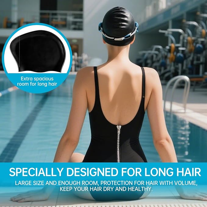 Large Thick Hair Swim Cap with Extra Room for Women Men, Premium Silicone Swimming Cap for Long Hair with Ear Plugs Nose Clip Set, Adult Waterproof Swim Hats Bathing Caps to Keep Hair Dry