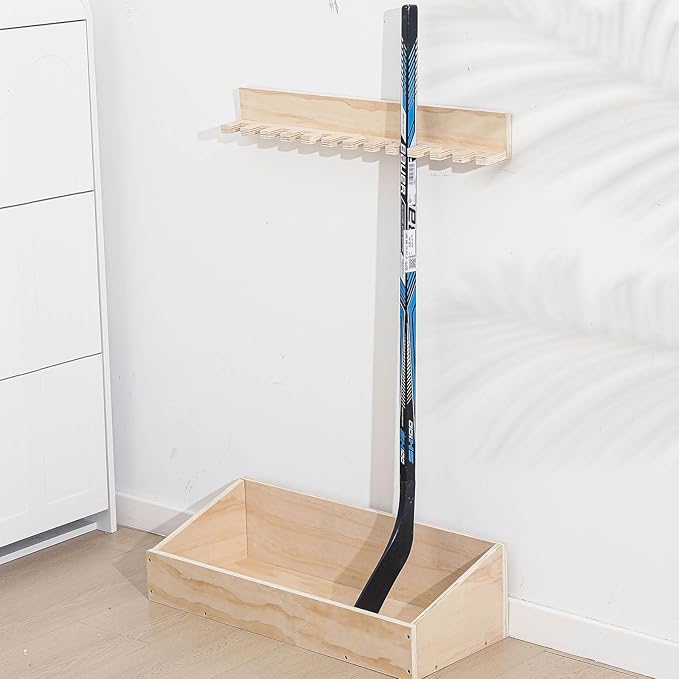 Leinuosen Hockey Stick Holder Wall Mounted and Vertical 2 in 1 Wooden Ice Hockey Rack Organizer Storage and Display Large Capacity Organizer Holds up to Sticks for Player Gifts