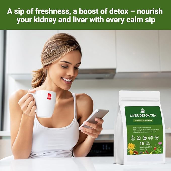 Liver Detox Tea, Chinese Natural Kidney and Liver Cleanse Detox Herbal Tea Support Healthy Kidney Function with 11 Precious Ingredients Formula (15 Bags/1 Pack)