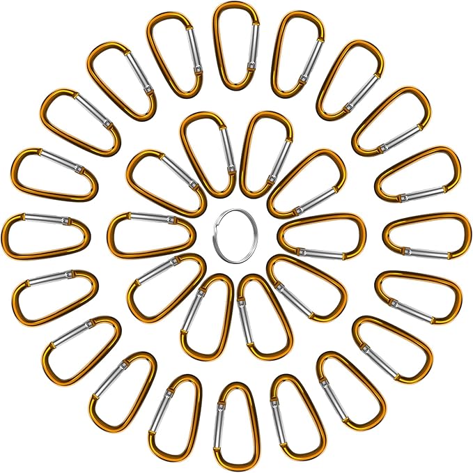 30PCS Aluminum Carabiner Clips, 2" D Shape Spring Snap Hooks Carabiner with 30PCS Keyring Keychain Hook