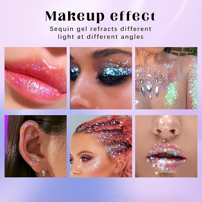 2 Colors Roll-on Body Glitter Gel, Holographic Glitter Gel Under Light for Face Hair, Body Shimmer for Rave Accessories Christmas New Year Halloween Makeup (11+12)
