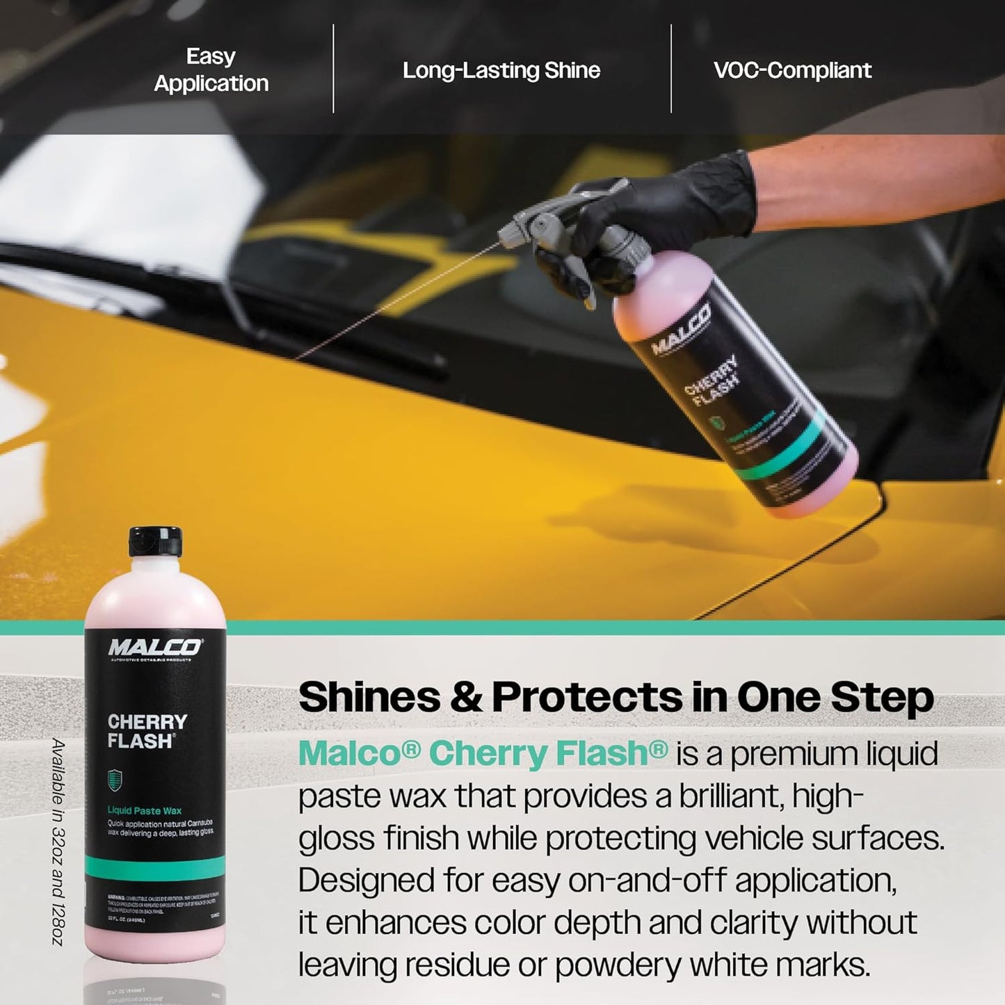 Malco Cherry Flash Automotive Liquid Paste Wax – Protect & Shine Your Vehicle/Easiest Way to Hand Wax Your Car/Lasting Gloss & Protection For Cars, Trucks, Boats and Motorcycles / 32 Oz. (124832)