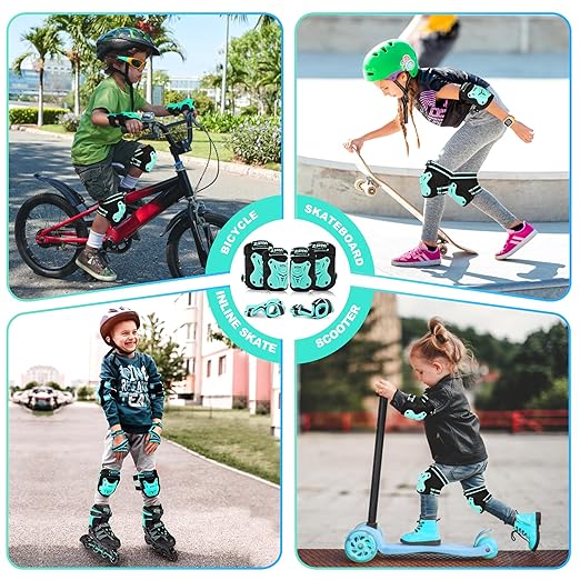 2PM SPORTS Knee Pads for Kids, Wrist Guards Knee and Elbow Pads Set with Drawstring Bag, Protective Gear Set for Girls Boys Roller Skating Cycling Skateboard - Mint Medium