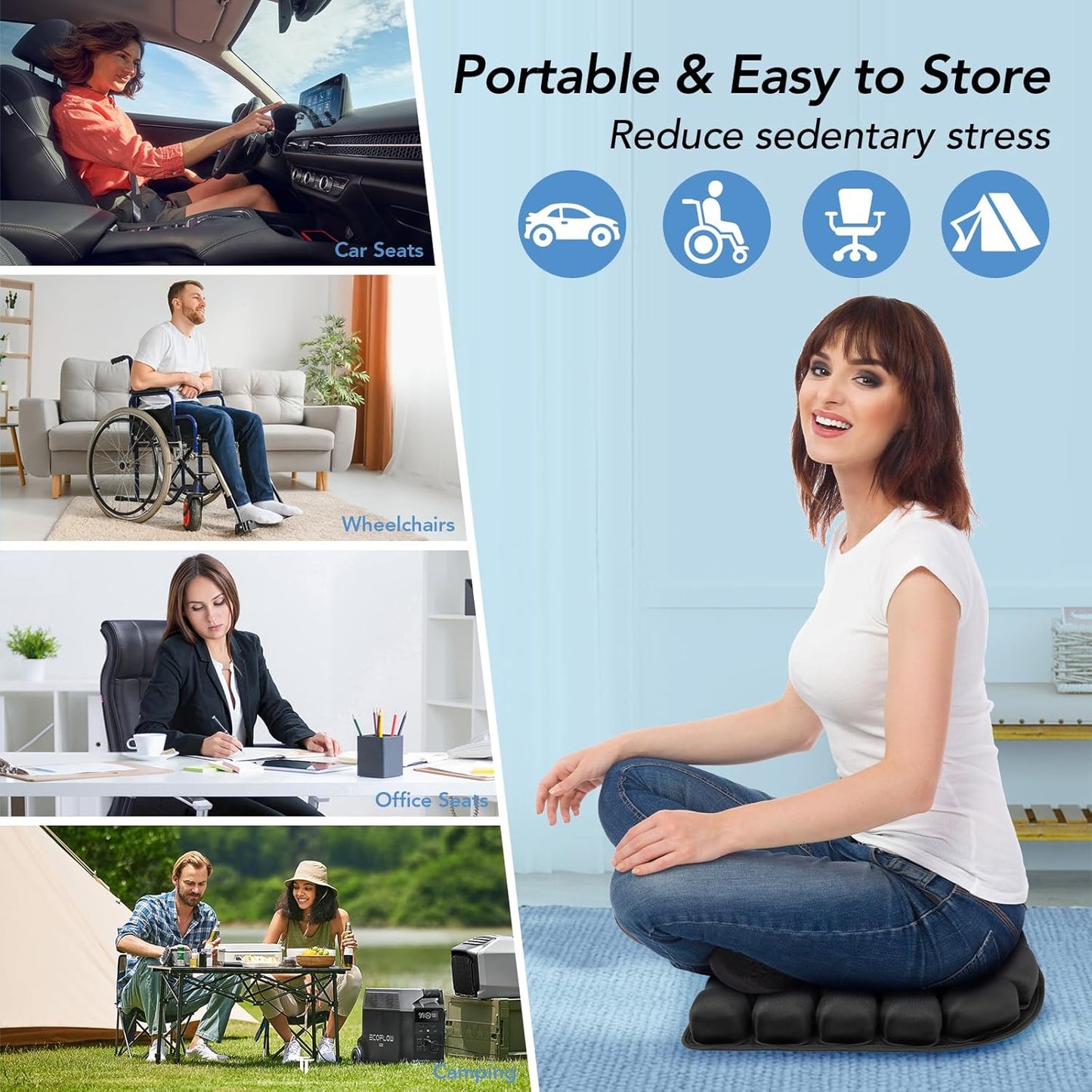 Travel Seat Cushion, 3D Air Inflatable Pressure Relief Cushion for Hemorrhoid and Tailbone Pain Relief, Optimal Support for Long Sitting in Car, Air Travel, Office Chairs, Home Living (Black)