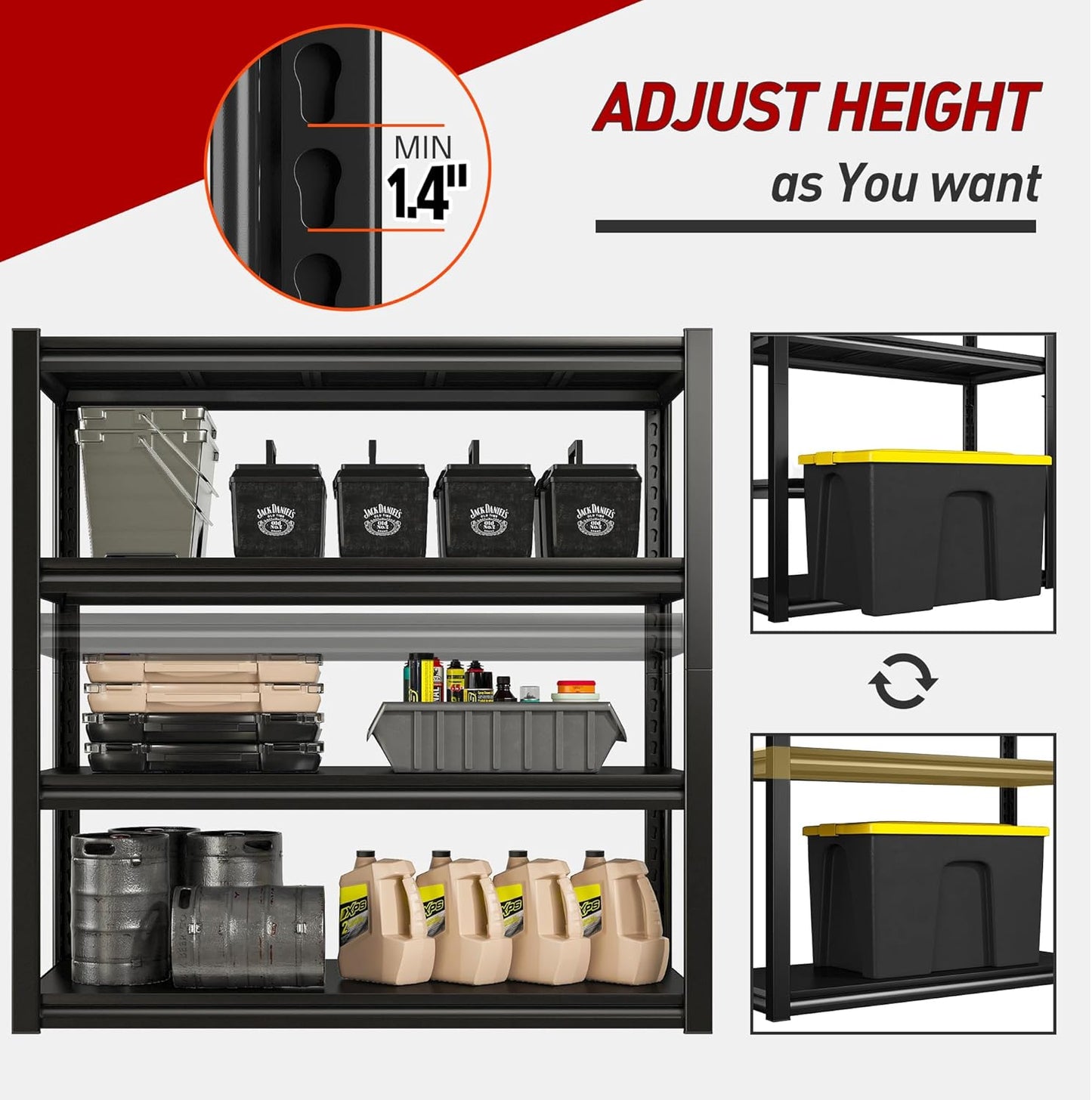 Raybee 40" W Garage Shelving 2000 LBS Storage Shelves 4 Tier Heavy Duty Shelving Adjustable Metal Shelves for Garage,Basement, Warehouse, 40" W x19 D x57 H, 4Pack