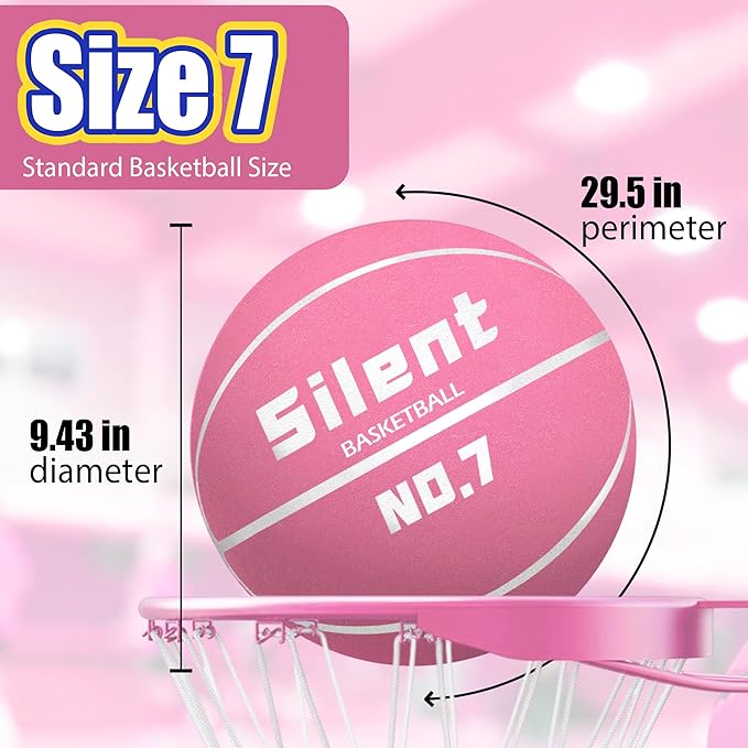 2025 Upgraded Silent Basketball Size 7 - Indoor Noiseless Airless Foam Basketball, Quiet Dribble Dream Training Ball with Soft Soundless Bounce-Pink