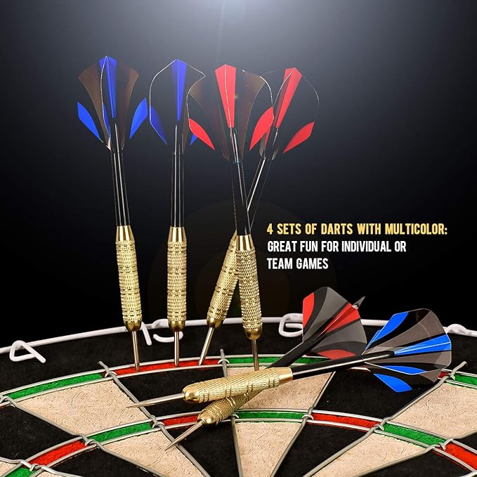 LinkVisions Dartboard with Staple-Free Bullseye, 18g Steel Tip Darts Set,12 Steel Tip Darts 18g, Dartboard Mounting Kits Included