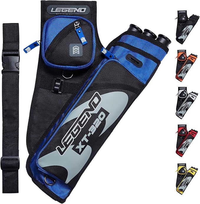 LEGEND XT320 Archery Quivers - Nylon Hip Quivers with 3 Arrow Tube Cases for Target Shooting - Adjustable Waist Belt, T-Slot, Storage Compartments for Accessories, Gear, Tools, Release Tab, Score Card