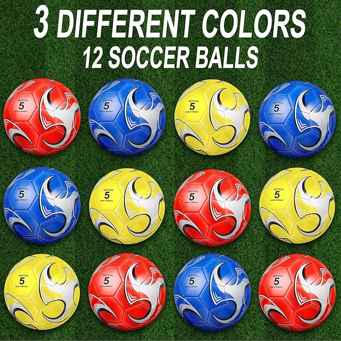 Lenwen 12 Pcs Soccer Balls with Pump Bulk Official Size 5 4 3 Kids Teen Adult Indoor Outdoor Sports Soccer Ball Toddler Youth Gift for Training Game Practice Christmas Operation