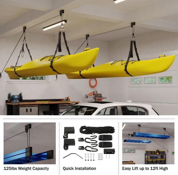 RAD Sportz Kayak Hoist 2-Pack Quality Garage Storage Canoe Lift with 125 lb Capacity Even Works as Ladder Lift Premium Quality Pulley System, Black