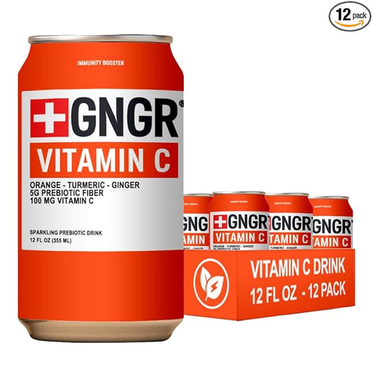 '+GNGR Sparkling Vitamin C Prebiotic Drink - Caffeine free - 5g Prebiotic Fiber - Orange Juice - Ginger Juice - Turmeric - Acerola - Apple Cider Vinegar - Prebiotic Soda - Immunity (12 oz - 12 Pack)