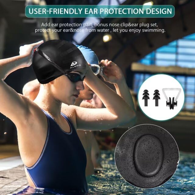 2 Pack Unisex Swim Caps with 3D Ear Protection, Durable Flexible Silicone Swimming Hats for Women Men Kids Adults, Bathing Swimming Caps for Short/Long Hair with Ear Plugs&Nose Clip