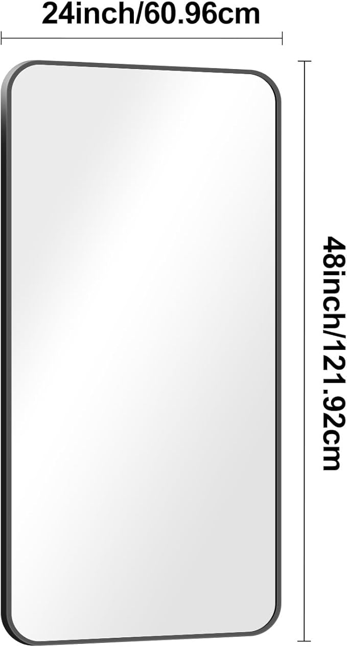 24x48 inch Bathroom Mirror,Black Rectangle Mirror,Wall Mounted Bathroom Frame Vanity Mirror with Round Corner for Bedroom Living Room, Entryway Hangs Horizontal or Vertical