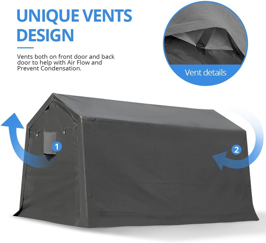 ADVANCE OUTDOOR 8X14 ft Steel Metal Peak Roof Portable Garage Shelter Storage Shed Carport for Motorcycle Bike or Garden Tools with 2 Roll up Doors & Vents, Gray
