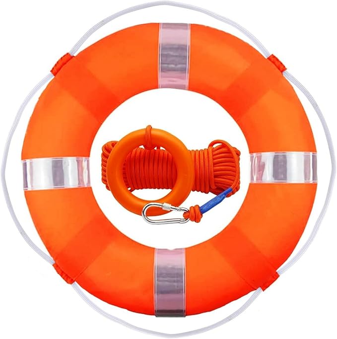 Lifebuoy Set 20Inch Life Preserver Ring and Water Floating Lifesaving Rope 98.4FT,Swim Foam Buoy,Swimming Pool Safety Throwing Ring with Perimeter Rope,Throwable Flotation Device