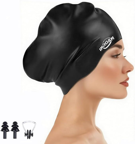 Large Thick Hair Swim Cap with Extra Room for Women Men, Premium Silicone Swimming Cap for Long Hair with Ear Plugs Nose Clip Set, Adult Waterproof Swim Hats Bathing Caps to Keep Hair Dry