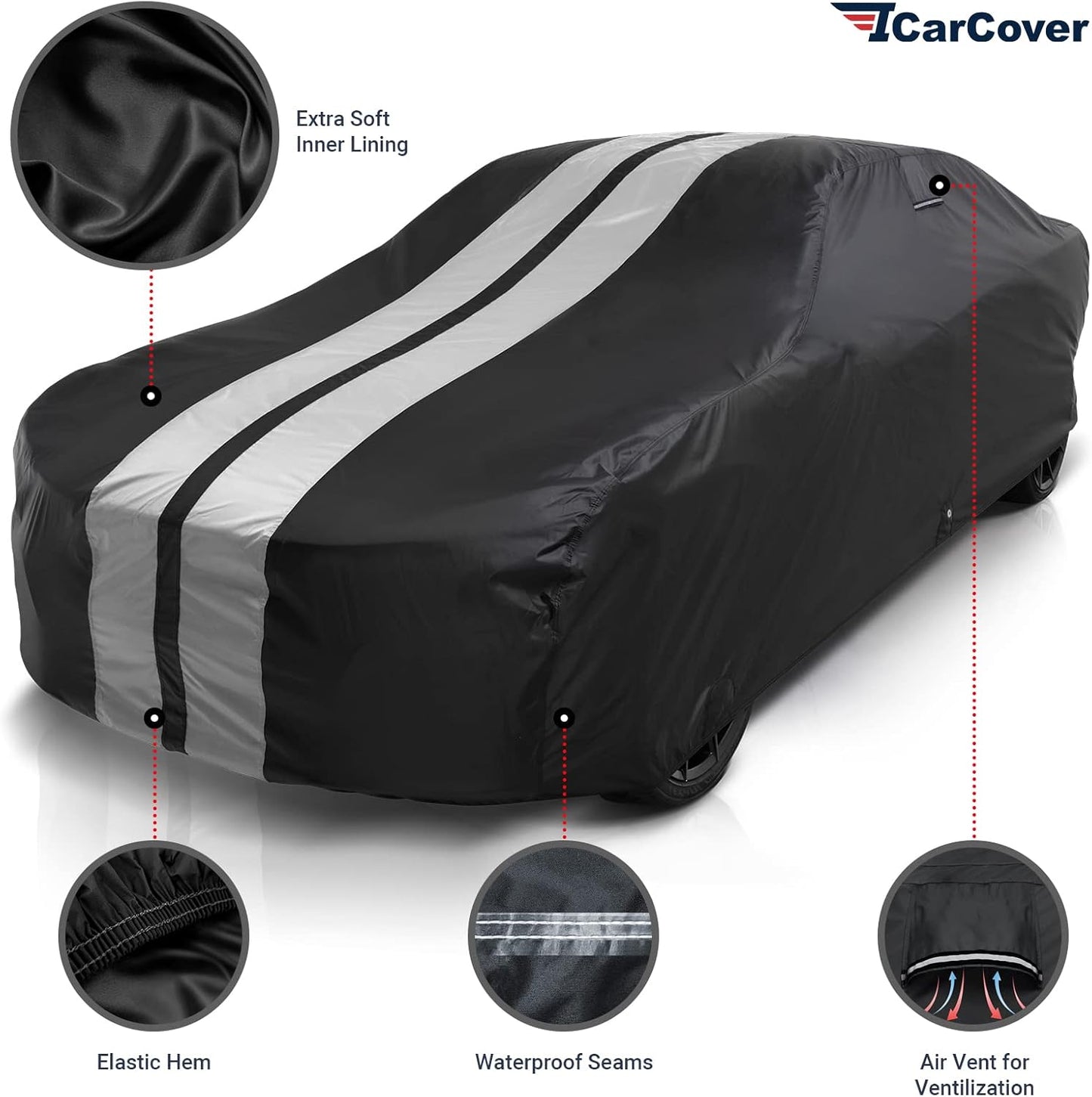 iCarCover Custom Car Cover for 1979-2004 Ford Mustang Waterproof All Weather Rain Snow UV Sun Protector Full Exterior Indoor Outdoor Car Cover (Stripe - Black/Gray)