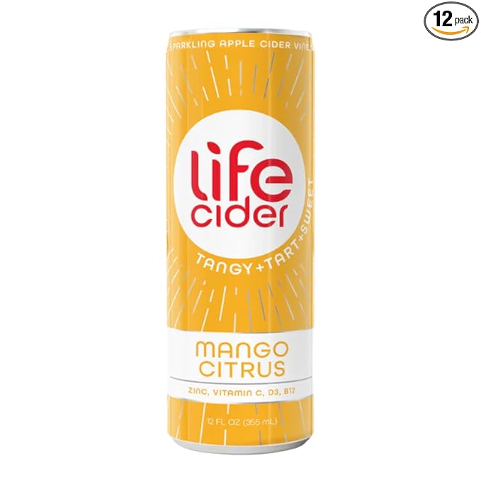 Life Cider | 12 Pack (12 Fl Oz) | Mango Citrus | Sparkling Apple Cider Vinegar Beverage | Digestive Health & Immunity Benefits | Low Calorie & Low Carb Drinks | Vitamins C, D3, Zinc, B12