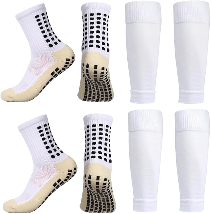 2 Set Anti-Slip Grip Soccer Socks with Shin Guard Sleeves, Sports Athletic Socks for Men Women