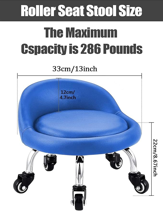 Lanstics Low Roller Seat Stool with Universal Swivel Wheels Leather Rolling Stool Seats with Cushion Backrest 360 Rolling Stools for Home Office Fitness (Blue)
