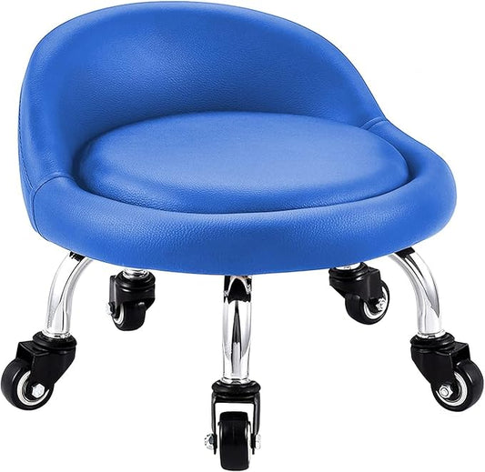 Lanstics Low Roller Seat Stool with Universal Swivel Wheels Leather Rolling Stool Seats with Cushion Backrest 360 Rolling Stools for Home Office Fitness (Blue)
