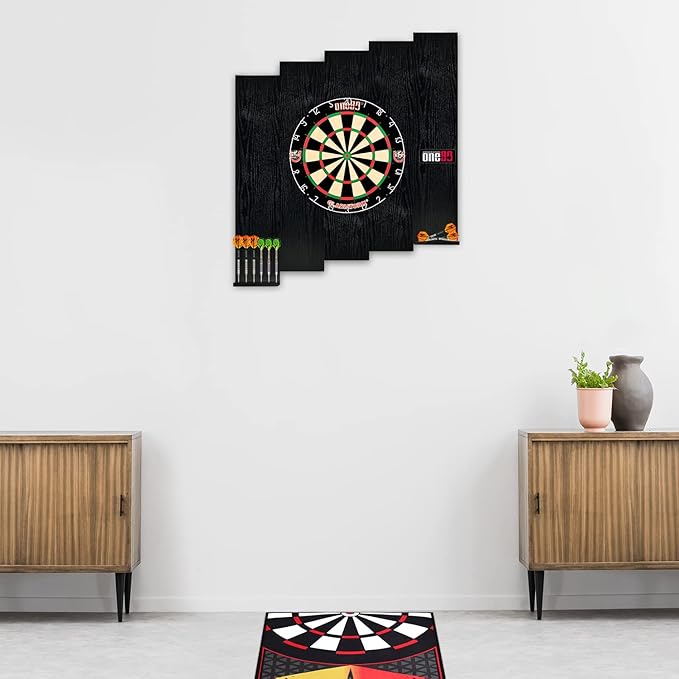 Knock-down Dartboard Backboard for A Large Area of Wall Protection Free Combination for Various Set-up Options Wooden Backboard with Black Veins Mounting Kits and Instructions Included Dartboard