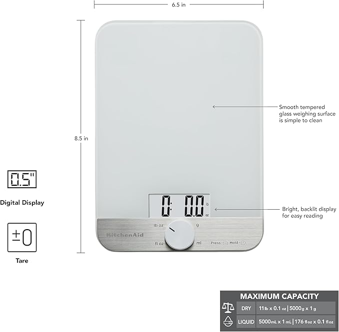KitchenAid KQ908 Glass Surface 11 Pound Capacity Digital Kitchen and Food Scale, White