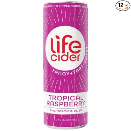 Life Cider | 12 Pack (12 Fl Oz) | Tropical Raspberry | Sparkling Apple Cider Vinegar Beverage | Digestive Health & Immunity Benefits | Low Calorie & Low Carb Drinks | Vitamins C, D3, Zinc, B12