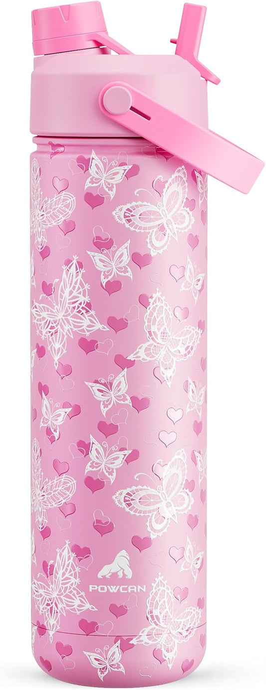 26 oz Insulated Water Bottle with 2-in-1 Straw and Spout Lid, Keep Cold 24H, Leak-Proof, Fits in Car Cup Holder, Stainless Steel Water Bottle for Sports, Travel, and School (Fluttering Amour)