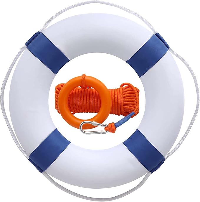 Lifebuoy Set 20Inch Life Preserver Ring and Water Floating Lifesaving Rope 98.4FT,Swim Foam Buoy,Swimming Pool Safety Throwing Ring with Perimeter Rope,Throwable Flotation Device