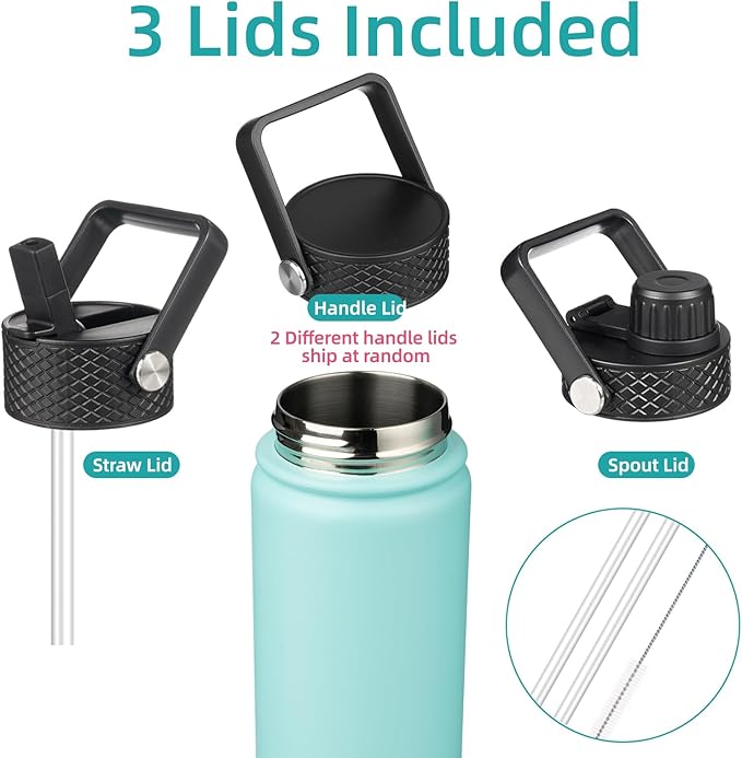 22oz Stainless Steel Bottles with 3 Lids Sport Insulated Water Bottle,Turquoise
