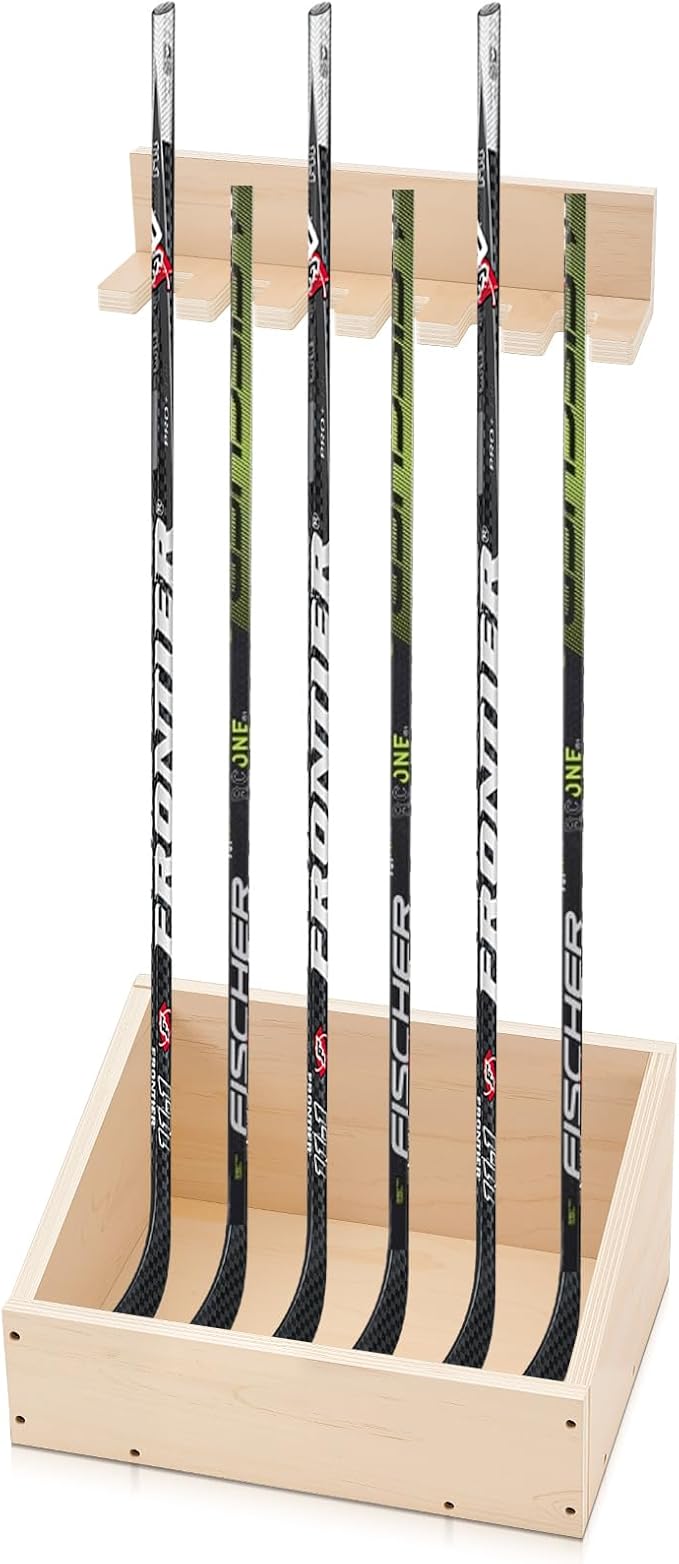 Leinuosen Hockey Stick Holder Wall Mounted and Vertical 2 in 1 Wooden Ice Hockey Rack Organizer Storage and Display Large Capacity Organizer Holds up to Sticks for Player Gifts