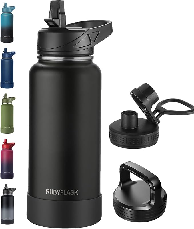 32oz Insulated Water Bottle with Straw, Stainless Steel Metal Vacuum Water Flask, Large Thermal Water bottle with Leakproof 3 Lids for Travel, Camping, Gym Sports Black