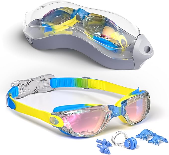 Kids Swim Goggles, Swimming Goggles for Kids with Nose Clip, Earplugs, Nose Bridge for Age 3-15