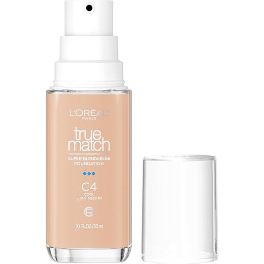 L'Oreal Paris True Match Super-Blendable Foundation, Medium Coverage Liquid Foundation Makeup, C4, Light Medium, 1 Fl Oz