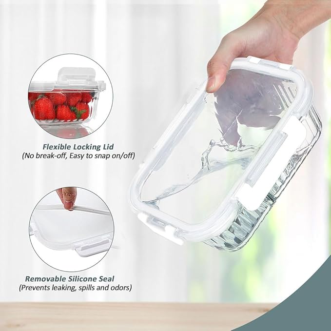 10 Packs Glass Food Storage Containers Set, Glass Meal Prep Containers with Lids, Airtight Lunch Containers, Microwave, Oven, Freezer and Dishwasher Safe, White