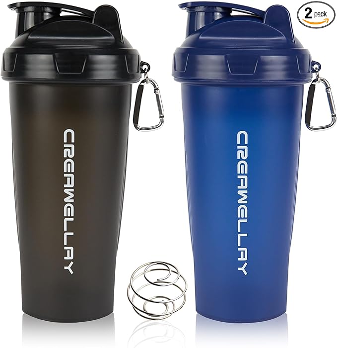 2 Pack Protein Shaker Bottle, 24 oz Protein Shaker Cup with Wire Shaker Ball for Pre Workout, Shake Bottle with Carrying Handle, BPA-Free & Dishwasher Safe (Black, Blue)