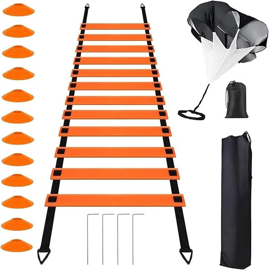 20 Pcs Sport Agility Ladder Speed Training Equipment Set,with 19FT Agility Ladder,Running Parachute,12 Soccer Cones for Kids Youth Adults Basketball Football Soccer Training