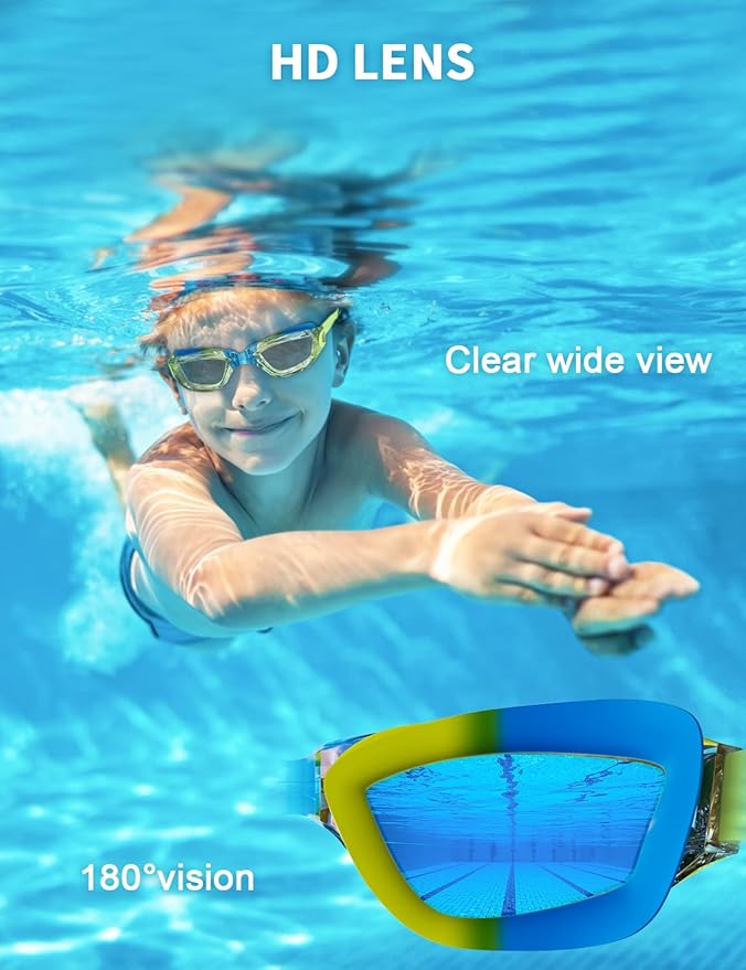 Kids Swim Goggles, Swimming Goggles for Kids with Nose Clip, Earplugs, Nose Bridge for Age 3-15