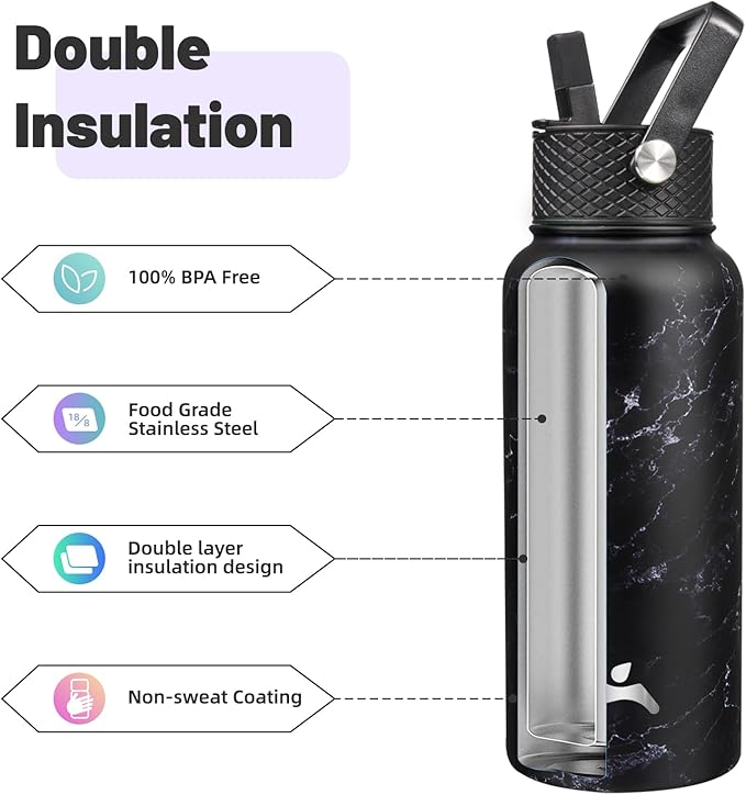 32 oz Insulated Water Bottle Stainless Steel Sport Bottles with 3 Lids,Marble Midnight