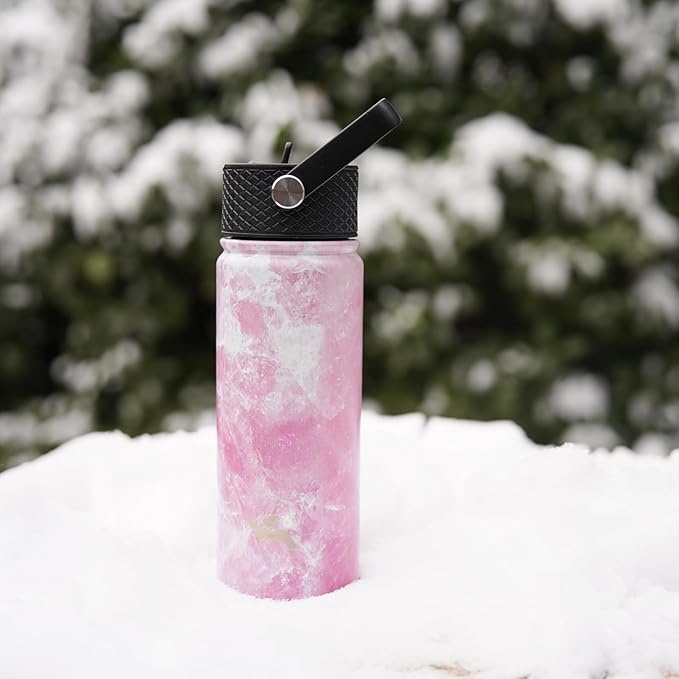 22oz Stainless Steel Bottles with 3 Lids Sport Insulated Water Bottle,Marble Blossom